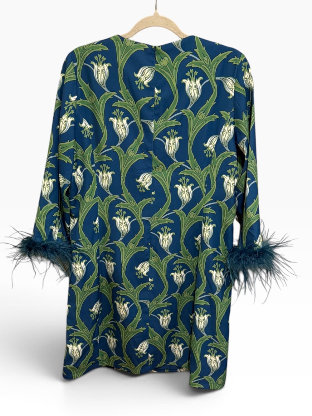 NWOT Blue & Green Floral Shift Dress with Feather-Trim Cuffs - Size Medium - Picture 4 of 5